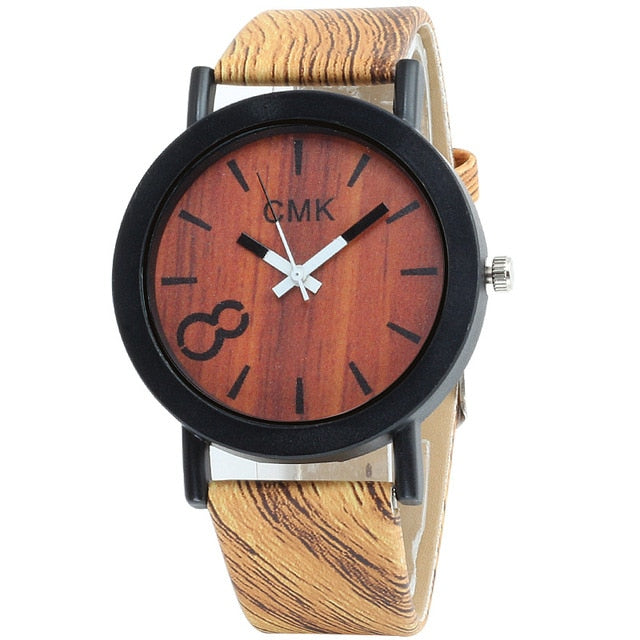 Wood Grain Leather Strap Analog Quartz Wristwatch